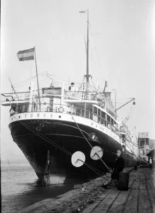 Vintage steamship York docked at pier