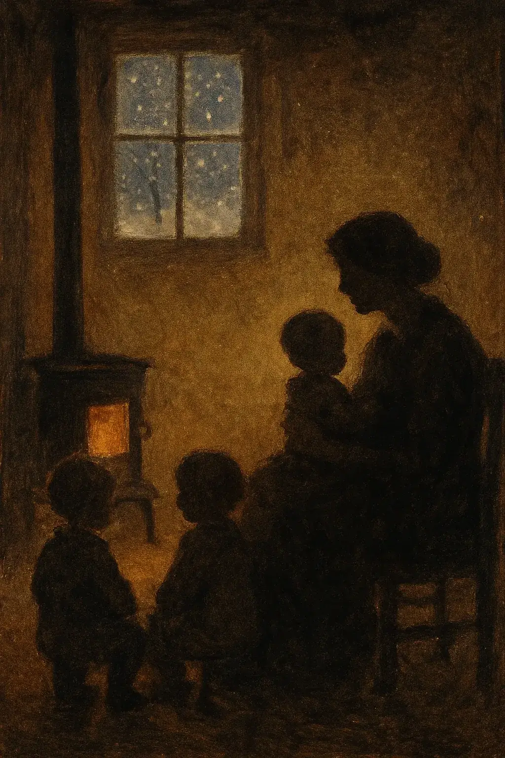 Silhouetted mother and children by glowing stove