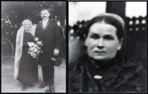 Vintage black-and-white wedding couple with inset portrait