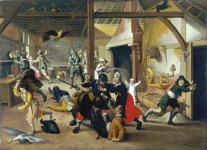17th-century rustic tavern brawl