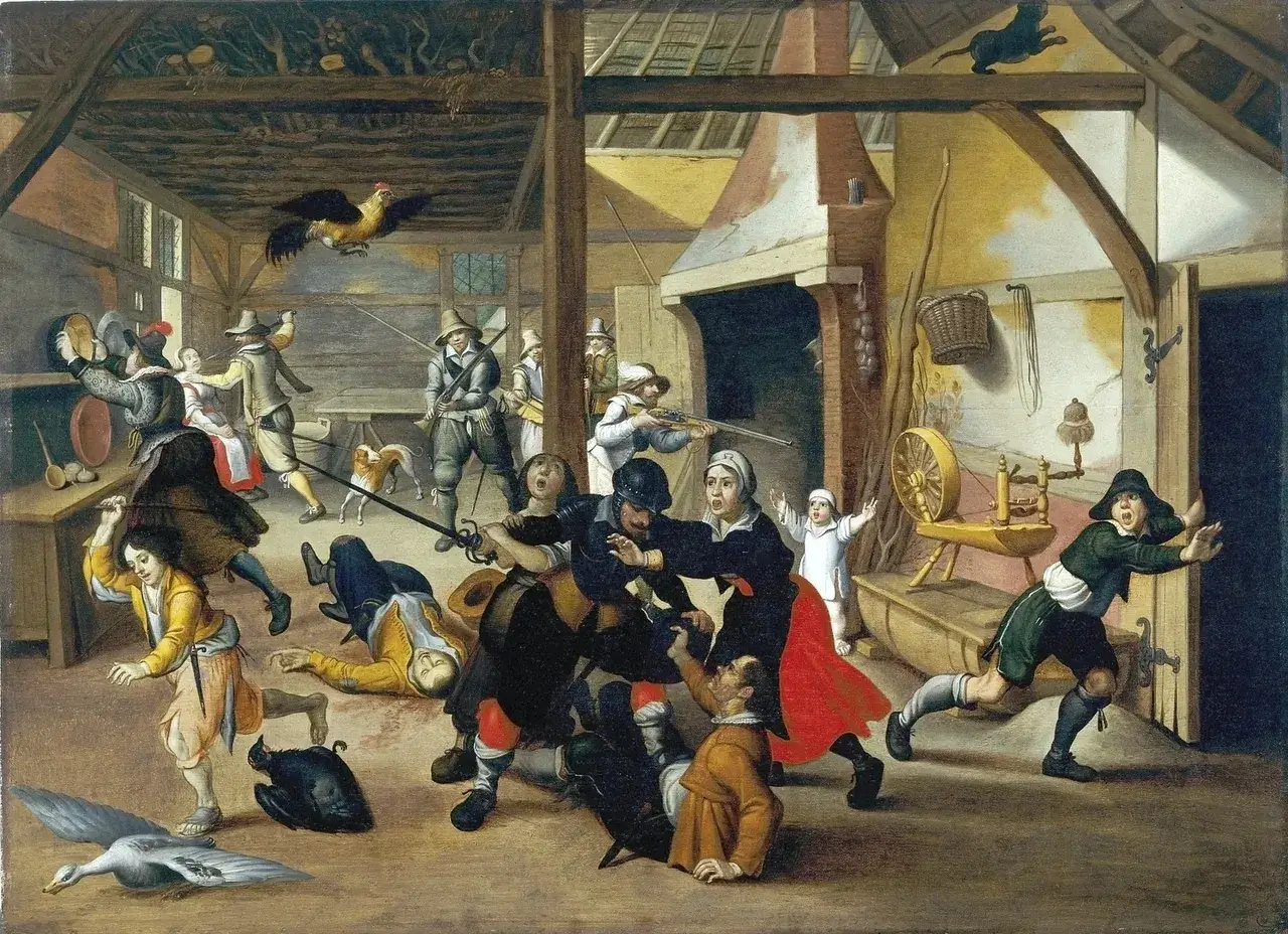 17th-century rustic tavern brawl