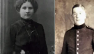 Split vintage portrait of woman and uniformed man