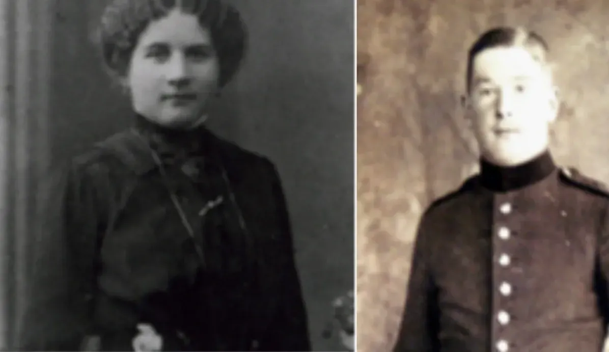 Split vintage portrait of woman and uniformed man