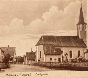 Vintage sepia village church with cemetery