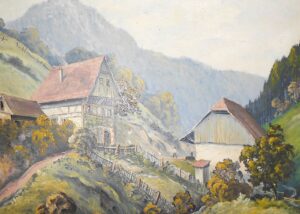 Oil painting of alpine farmhouses and barns