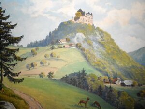 Hilltop castle overlooking pastoral countryside and deer