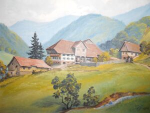 Pastoral alpine farmhouse painting with stream