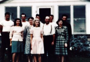 Vintage family group portrait on porch