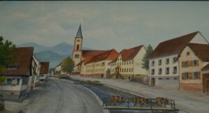 Painted Alpine village street with church steeple