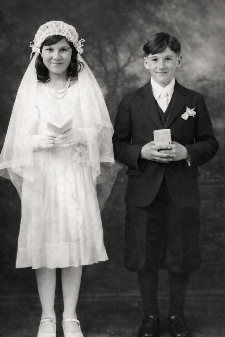 Hilda and Fred Schmieder on the day of their First Communion at St. Vincent de Paul Church in Attica, New York, early 1930s.