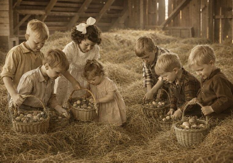 Children gathering eggs in a hay-filled barn