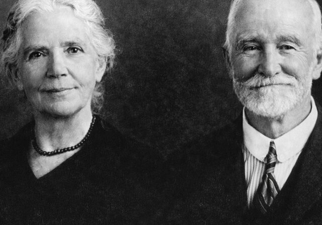 Black-and-white portrait of elderly couple