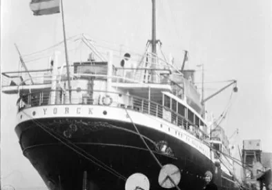 Vintage steamship York docked at pier