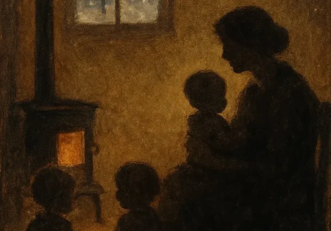 Silhouetted mother and children by glowing stove