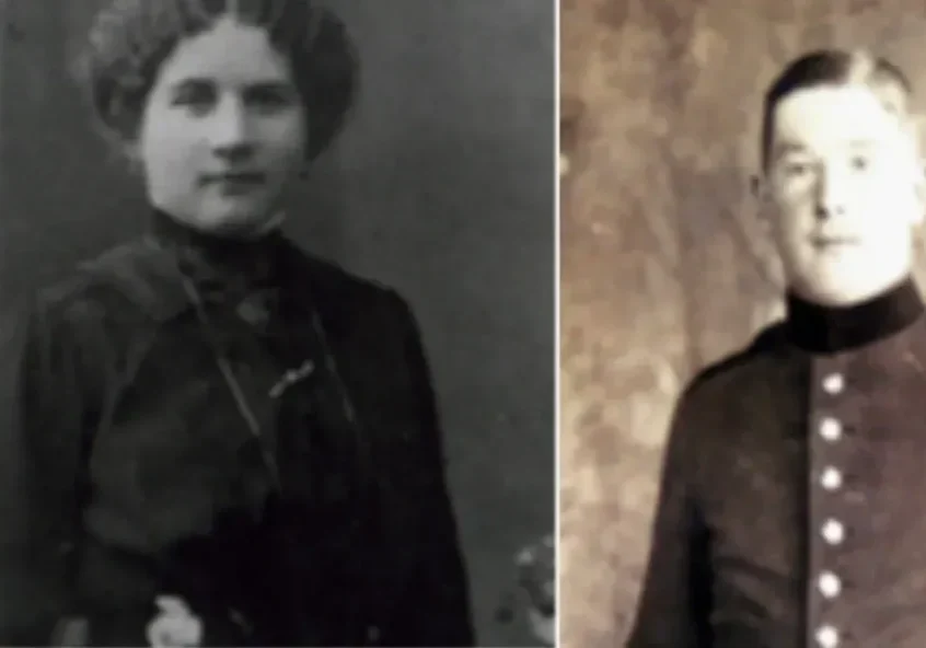 Split vintage portrait of woman and uniformed man