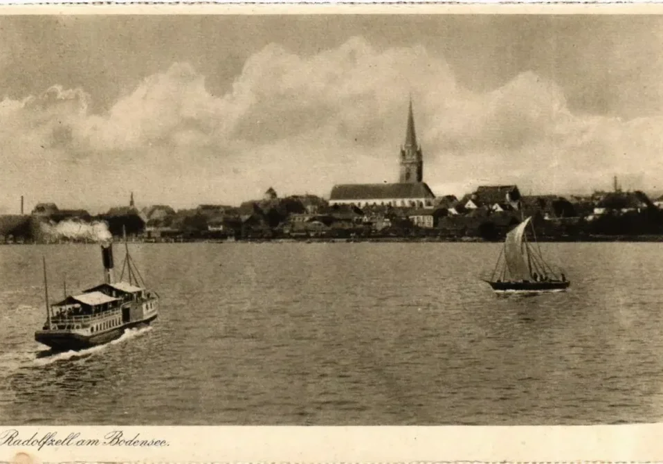 Vintage lakeside town with steepled church